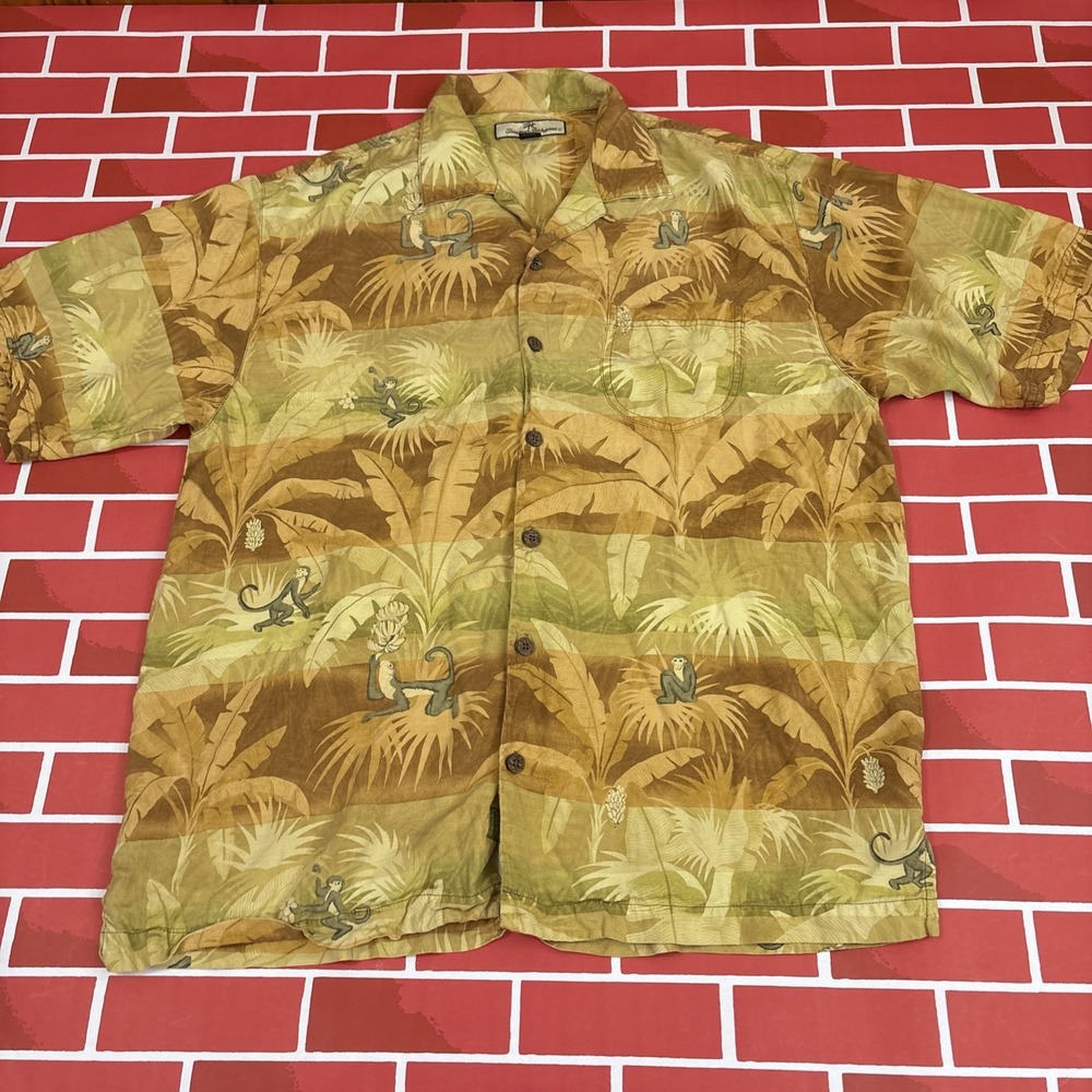 Tommy Bahama Silk Hawaiian Shirt Floral Monkeys Mens Medium